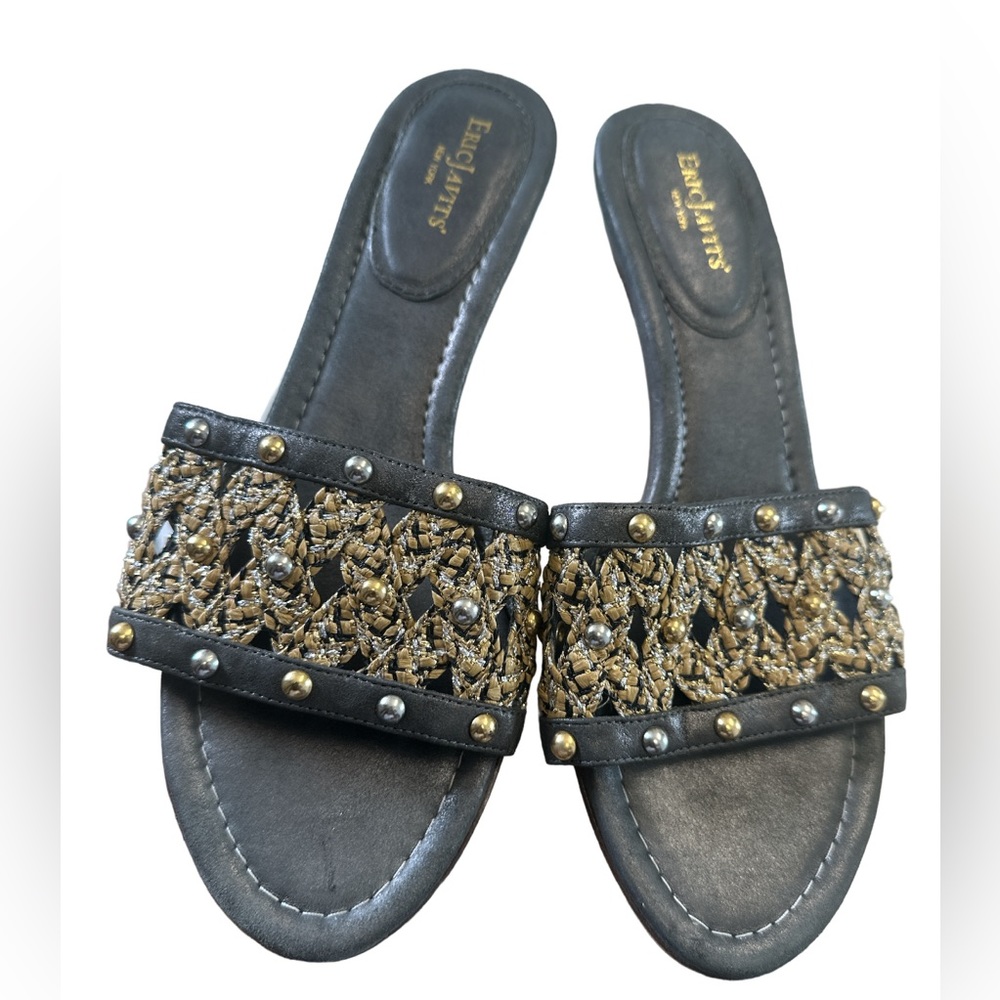 Eric Javits Low Heel Sandals ~Size 11 M~ Gray Leather Gold Studs Metallic Weave